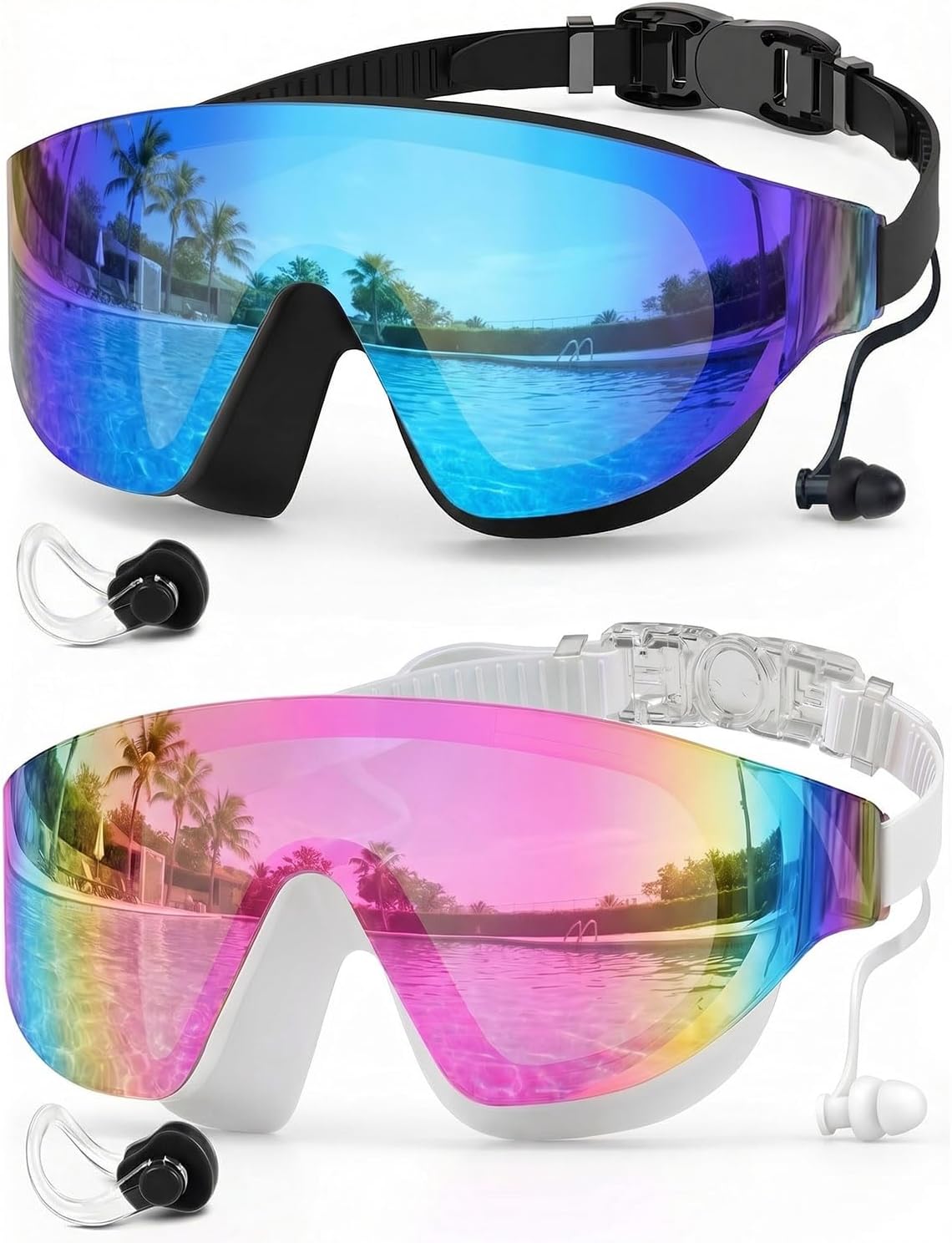 Swim Goggles 2 Pack, Rimless Wide View Swimming Goggles for Adult, Anti-Fog UV Leaking Pool Goggles for Men Women