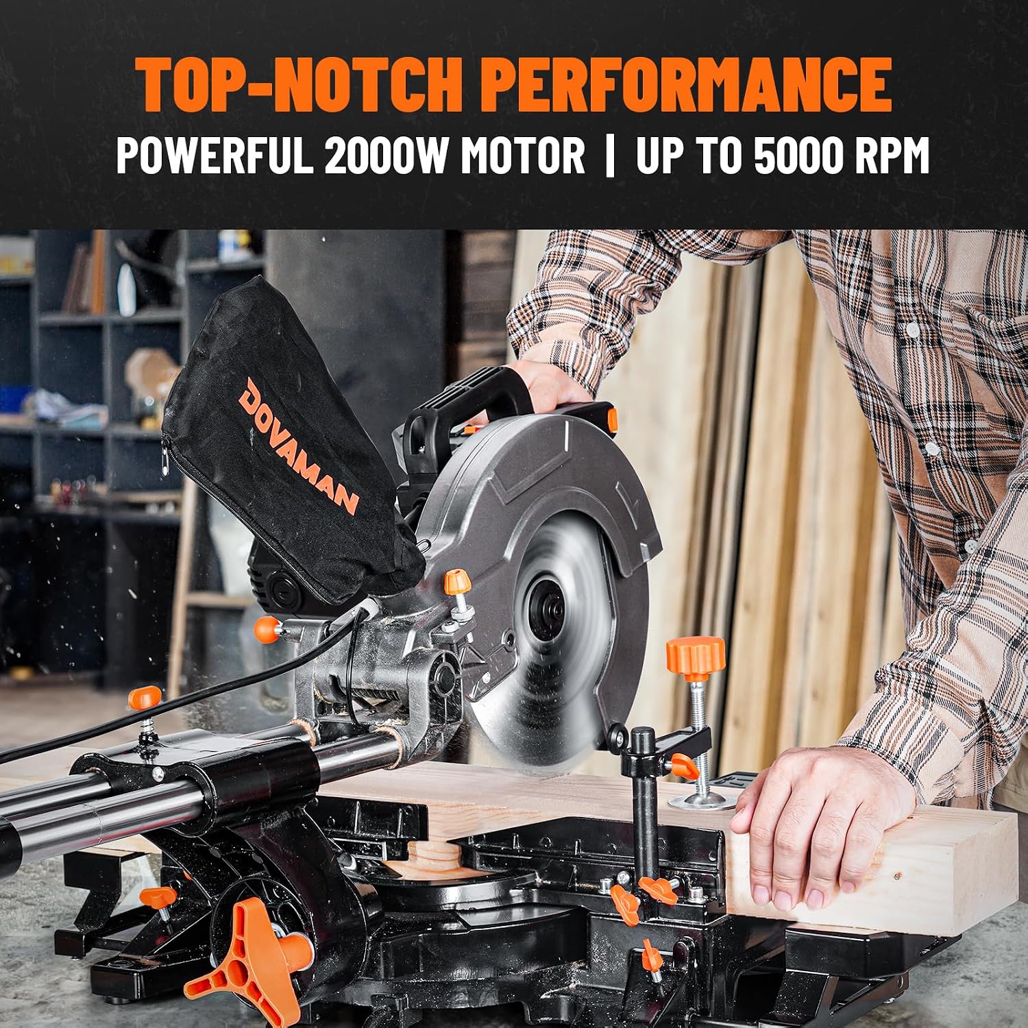 DOVAMAN Updated 10-Inch Sliding Miter Saw, Multi-Material Cutting w/ 3 x TCT Blades, Ambidextrous Operation, 5000/3200RPM Speed, Laser Guide, 0-45° Bevel Cut, Max Cut 3.5x13.4in, 9 Positive Stops - Image 2