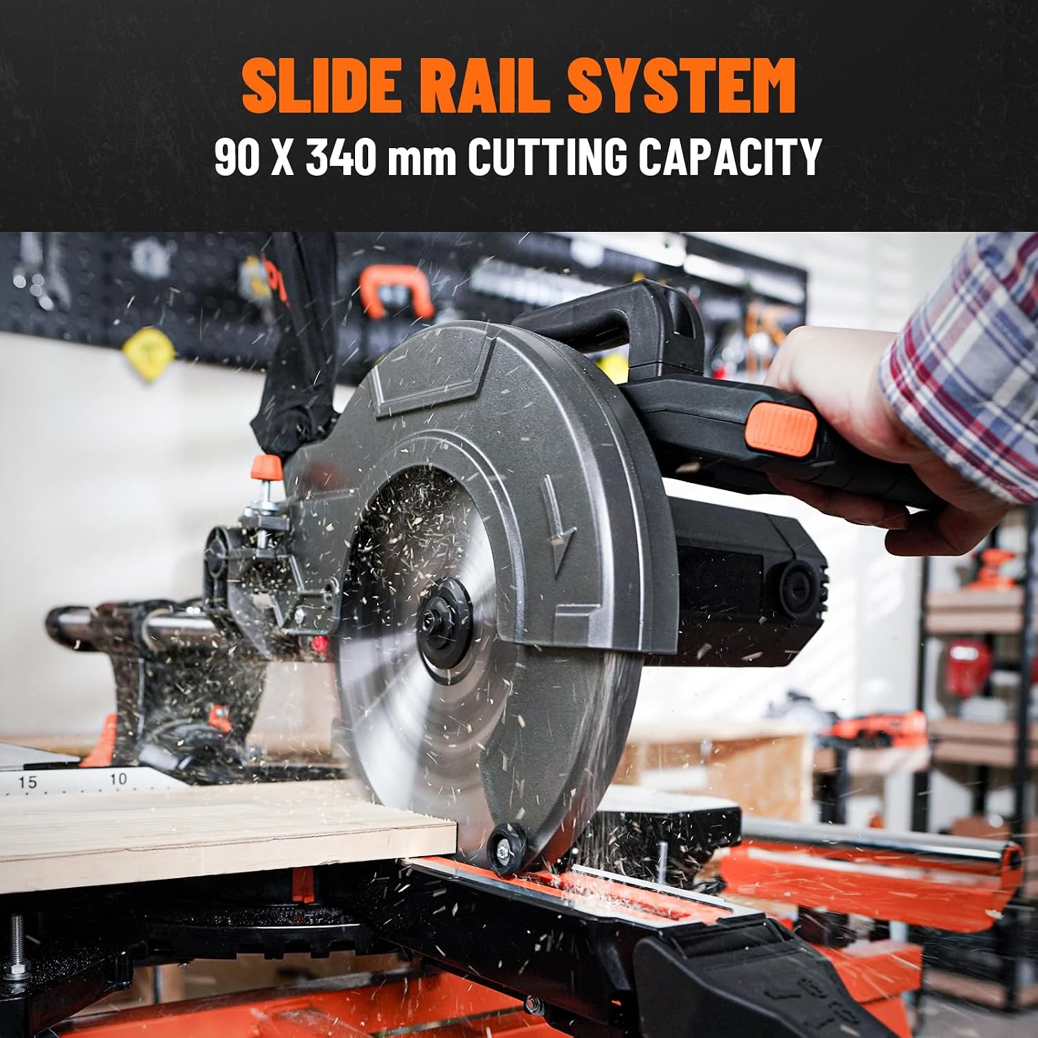 DOVAMAN Updated 10-Inch Sliding Miter Saw, Multi-Material Cutting w/ 3 x TCT Blades, Ambidextrous Operation, 5000/3200RPM Speed, Laser Guide, 0-45° Bevel Cut, Max Cut 3.5x13.4in, 9 Positive Stops - Image 5