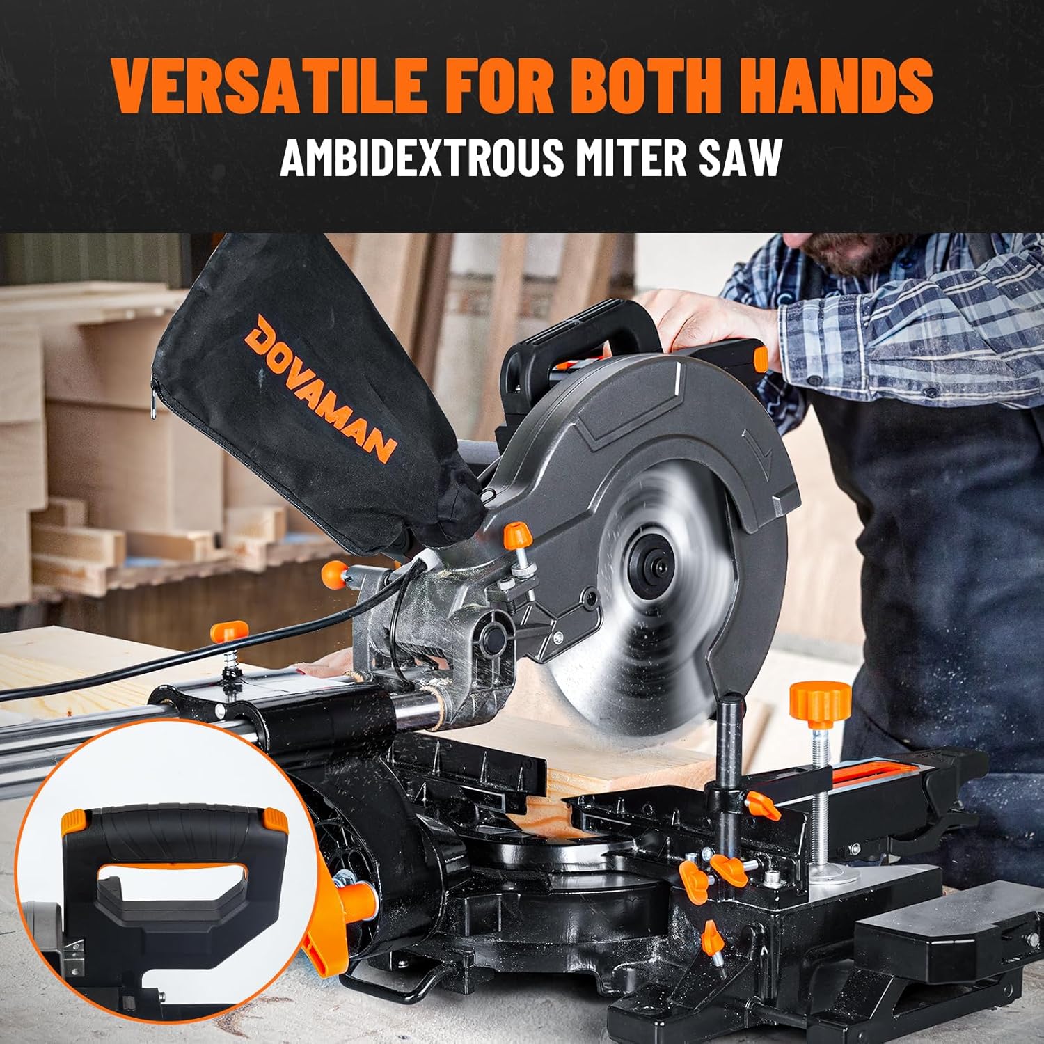 DOVAMAN Updated 10-Inch Sliding Miter Saw, Multi-Material Cutting w/ 3 x TCT Blades, Ambidextrous Operation, 5000/3200RPM Speed, Laser Guide, 0-45° Bevel Cut, Max Cut 3.5x13.4in, 9 Positive Stops - Image 6