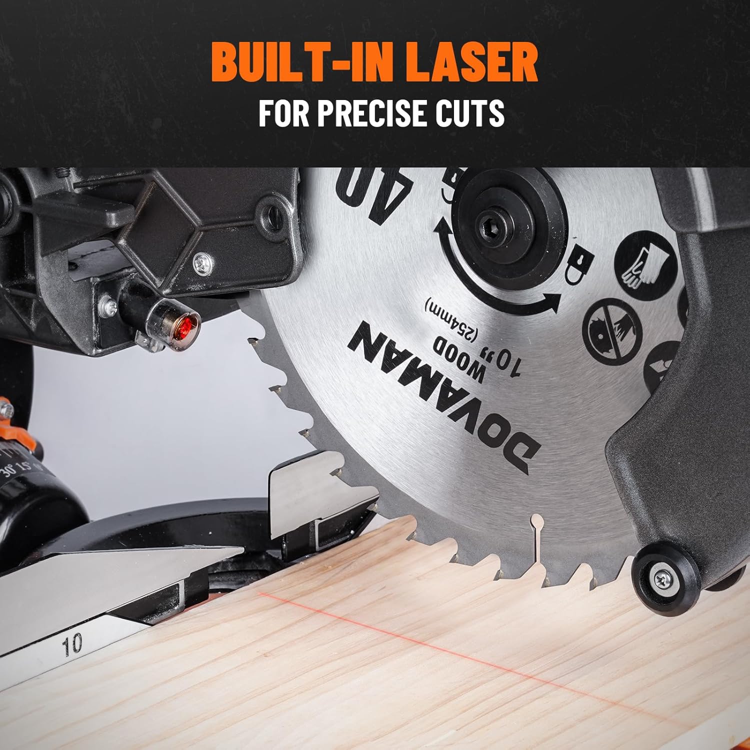 DOVAMAN Updated 10-Inch Sliding Miter Saw, Multi-Material Cutting w/ 3 x TCT Blades, Ambidextrous Operation, 5000/3200RPM Speed, Laser Guide, 0-45° Bevel Cut, Max Cut 3.5x13.4in, 9 Positive Stops - Image 7