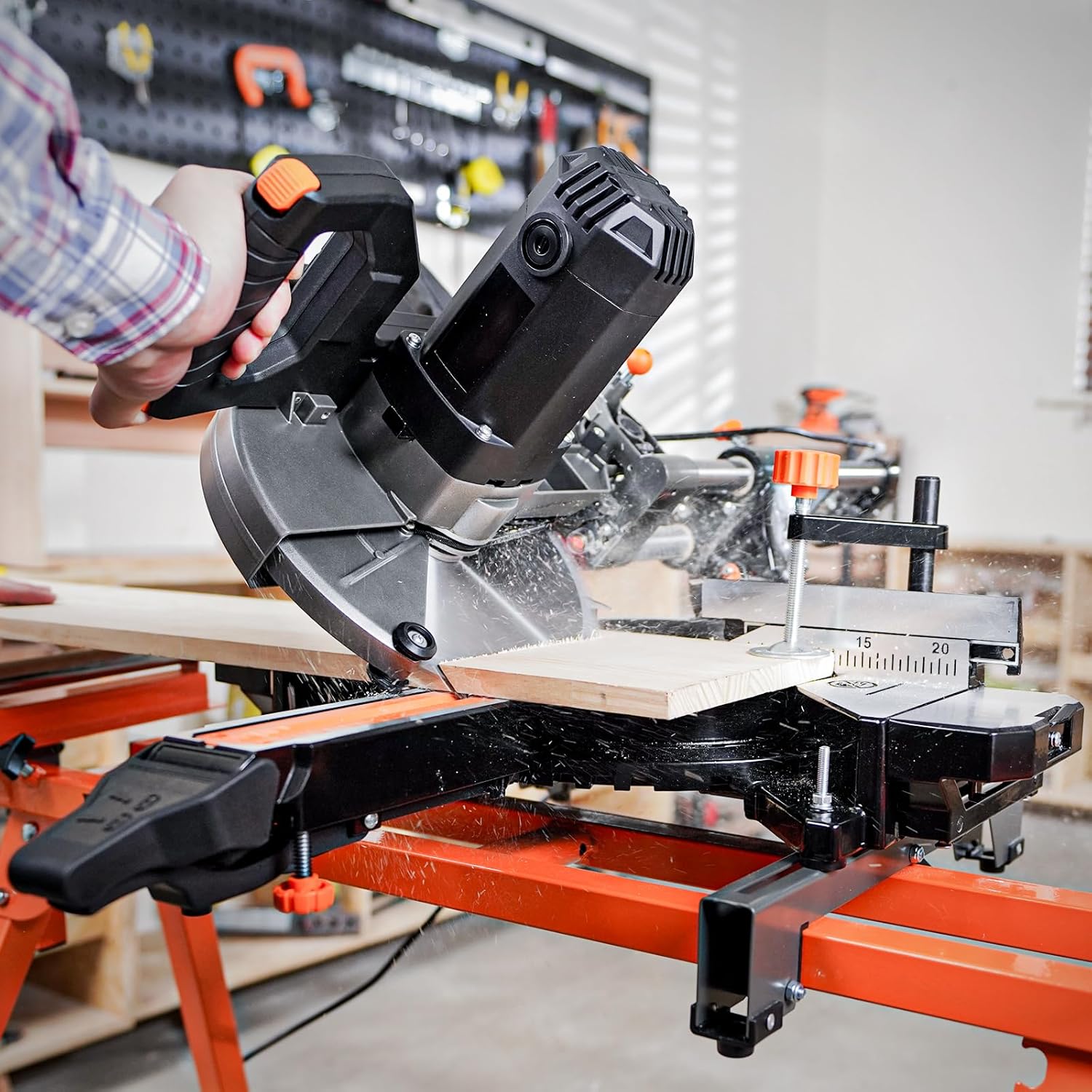 DOVAMAN Updated 10-Inch Sliding Miter Saw, Multi-Material Cutting w/ 3 x TCT Blades, Ambidextrous Operation, 5000/3200RPM Speed, Laser Guide, 0-45° Bevel Cut, Max Cut 3.5x13.4in, 9 Positive Stops - Image 9
