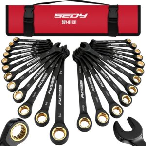 Premium 24-Piece Ratcheting Wrench Set, SAE(1/4-7/8") & Metric(8–19mm) Combination Wrenches, 72-Tooth CR-V Steel with Durable Black Finish, Ratchet Spanners with Roll-Up Tool Pouch for Repair