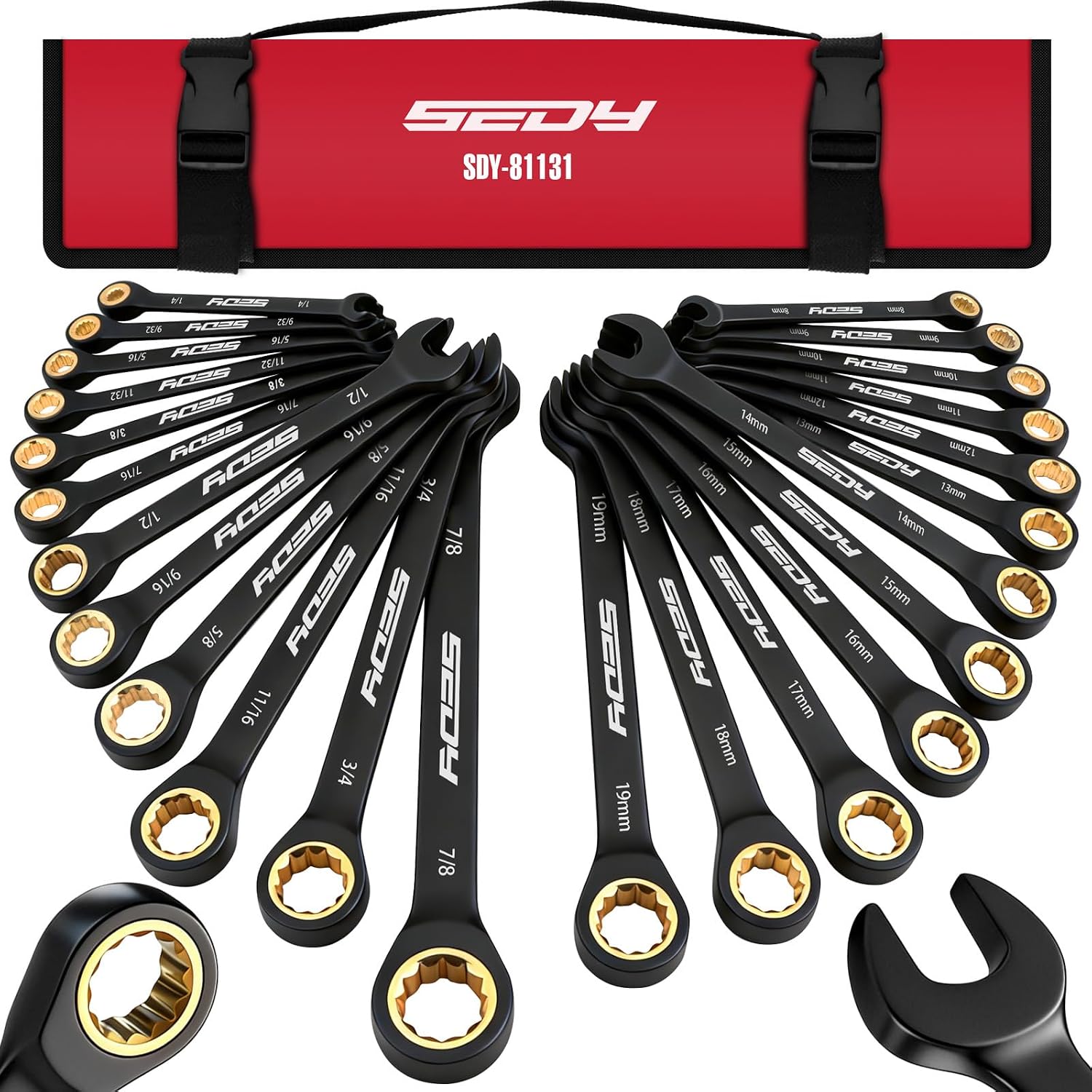 Premium 24-Piece Ratcheting Wrench Set, SAE(1/4-7/8") & Metric(8–19mm) Combination Wrenches, 72-Tooth CR-V Steel with Durable Black Finish, Ratchet Spanners with Roll-Up Tool Pouch for Repair