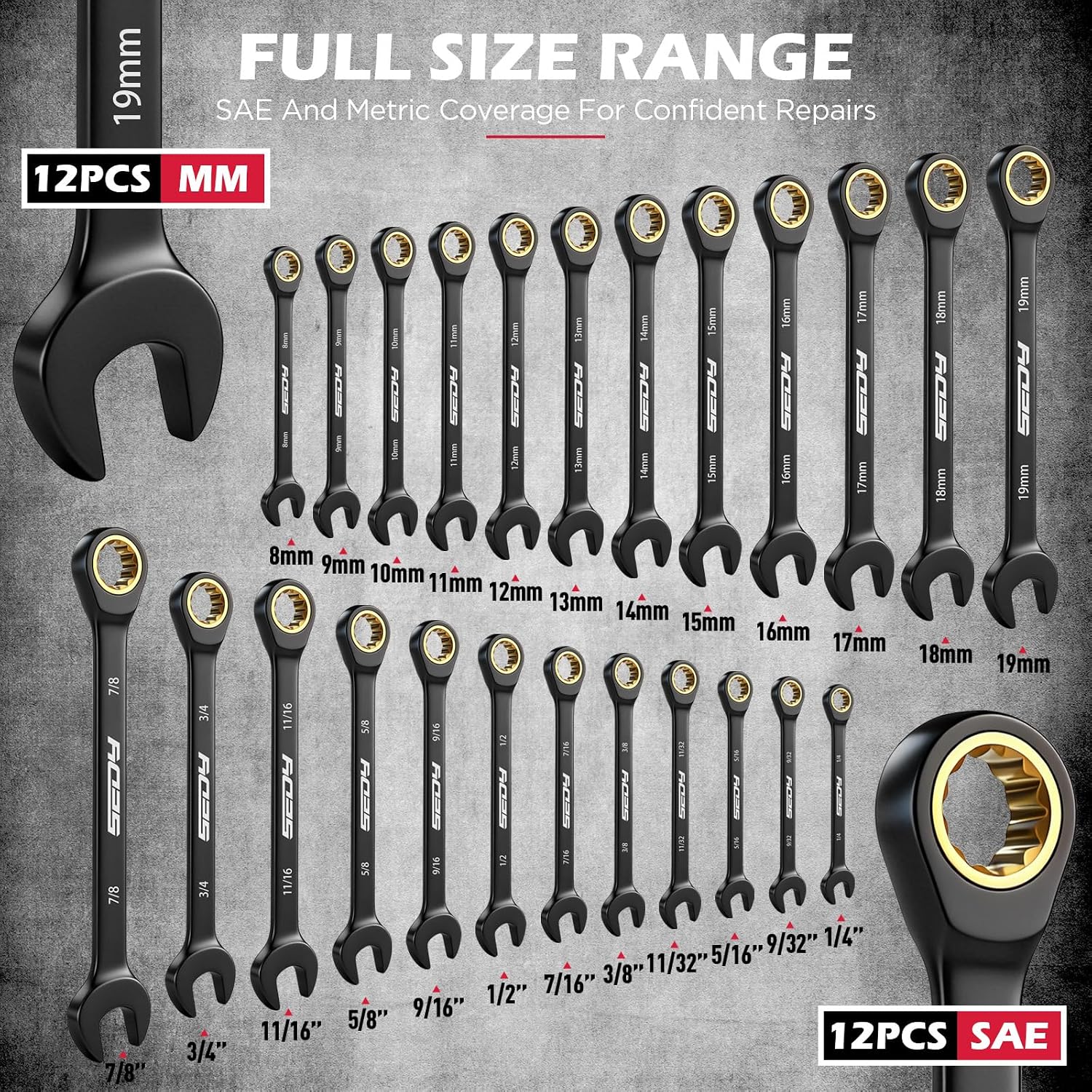 Premium 24-Piece Ratcheting Wrench Set, SAE(1/4-7/8") & Metric(8–19mm) Combination Wrenches, 72-Tooth CR-V Steel with Durable Black Finish, Ratchet Spanners with Roll-Up Tool Pouch for Repair - Image 2