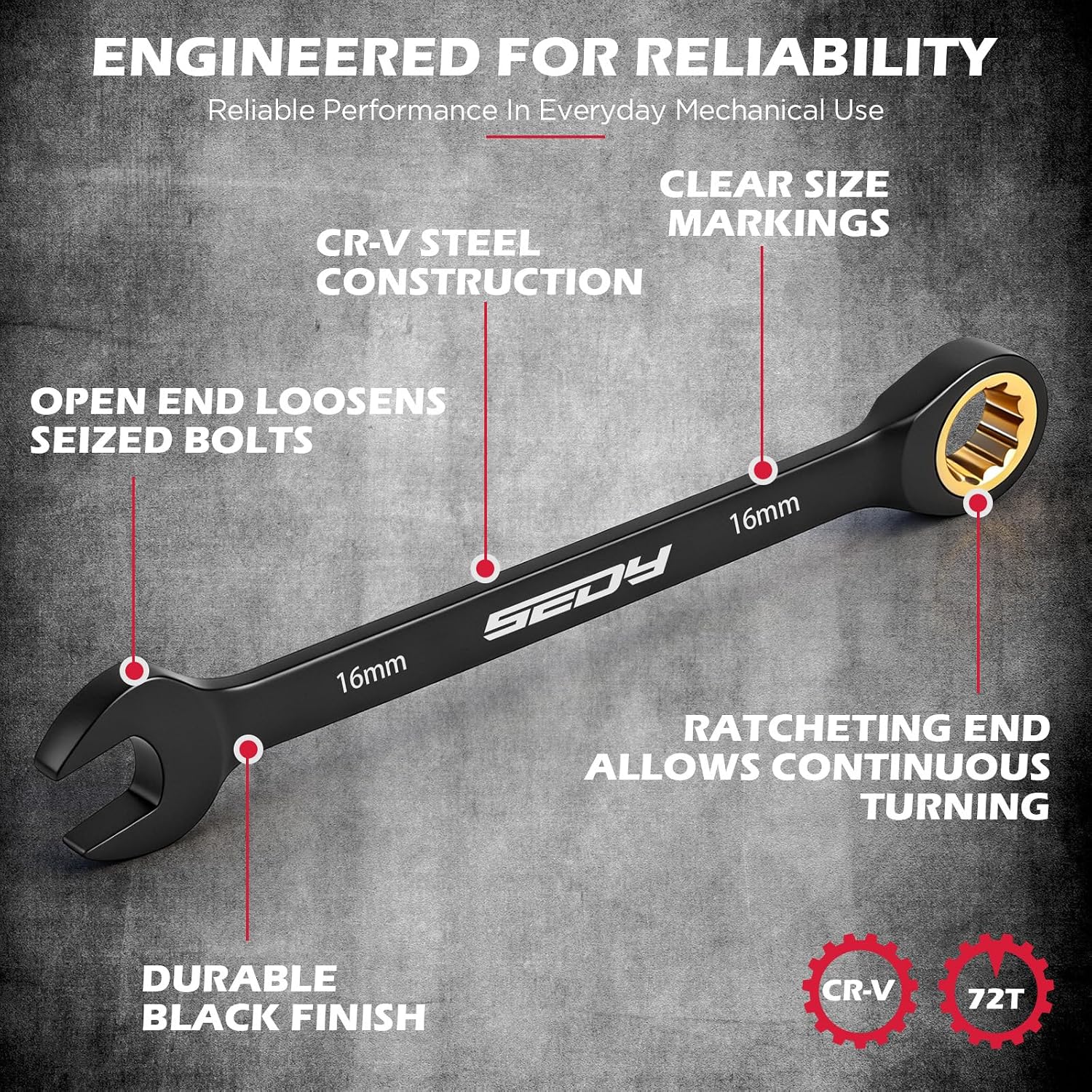 Premium 24-Piece Ratcheting Wrench Set, SAE(1/4-7/8") & Metric(8–19mm) Combination Wrenches, 72-Tooth CR-V Steel with Durable Black Finish, Ratchet Spanners with Roll-Up Tool Pouch for Repair - Image 5