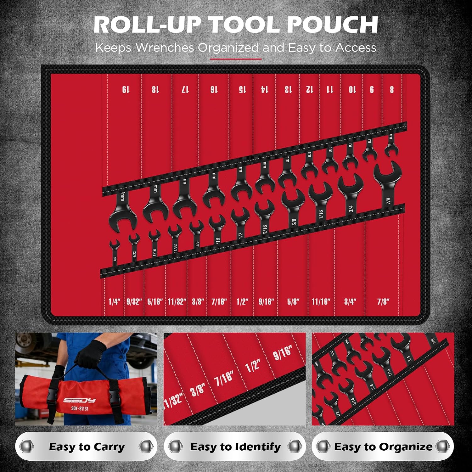 Premium 24-Piece Ratcheting Wrench Set, SAE(1/4-7/8") & Metric(8–19mm) Combination Wrenches, 72-Tooth CR-V Steel with Durable Black Finish, Ratchet Spanners with Roll-Up Tool Pouch for Repair - Image 6